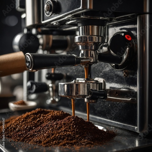 A close-up of coffee grounds being tamped in an espresso machine.