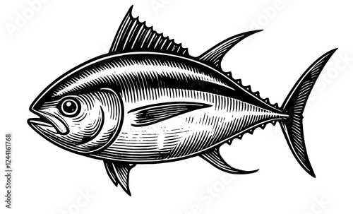 tuna fish in vintage engraving style, featuring intricate details and bold linework sketch engraving generative ai PNG illustration. Scratch board imitation. Black and white image. photo