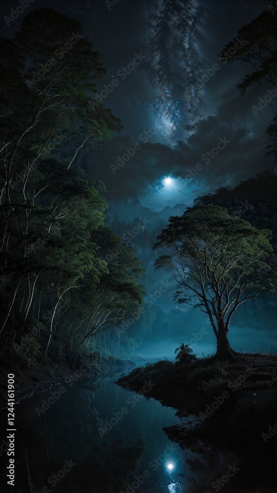 Fototapeta premium Ethereal Synthesis: AI Rainforest Reborn in Glass Domes Under a Quantum Moon