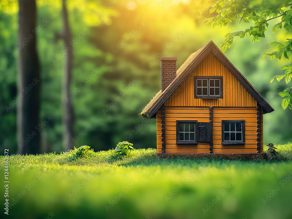 Eco-Friendly Wooden Home in Green Environment on Grass
