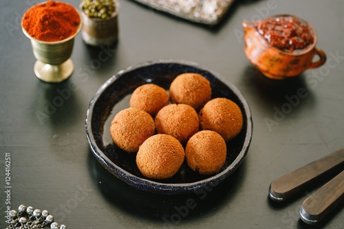 Fototapeta Naklejka Na Ścianę i Meble -  A beautifully arranged platter features golden-brown Indian sweets surrounded by vibrant spices and chutneys, showcasing the richness of traditional Indian cuisine