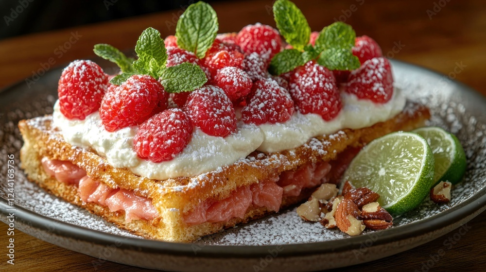 Raspberry waffle dessert with whipped cream, mint, and lime slices on a plate Raspberry waffle dessert with whipped cream, mint, and lime slices on a plate