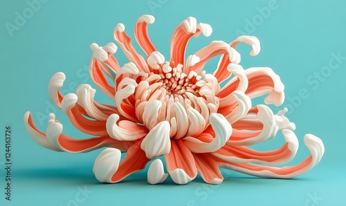 Coral and white stylized chrysanthemum, minimalist background, studio shot, floral design