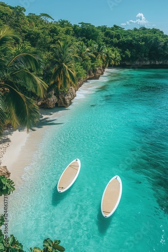 Two stand-up paddle boards floating gracefully on turquoise waters, surrounded by a white sand beach and a tropical island lush with vibrant green vegetation