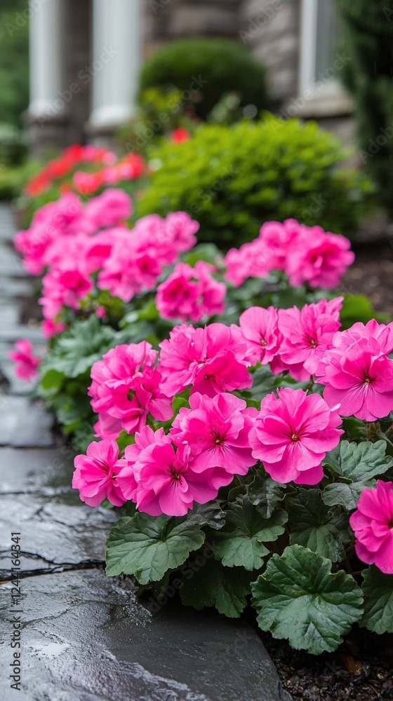 Vibrant pink flowers blooming in a garden border. Vibrant pink flowers blooming in a garden border.