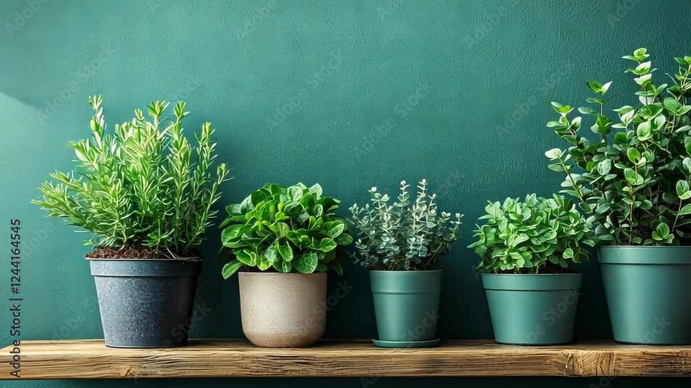A vibrant display of potted herbs on a wooden shelf against a green wall