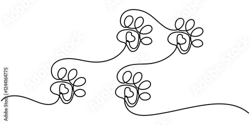 Pet Animal paw footprint in heart love concept, Dog and cat paw hearts drawn in one continuous line. Dog paw prints in a heart frame in a simple linear style. Concept of love for animals. Single line.