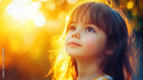 Golden-hour child gazing, park, sunset bokeh, hope