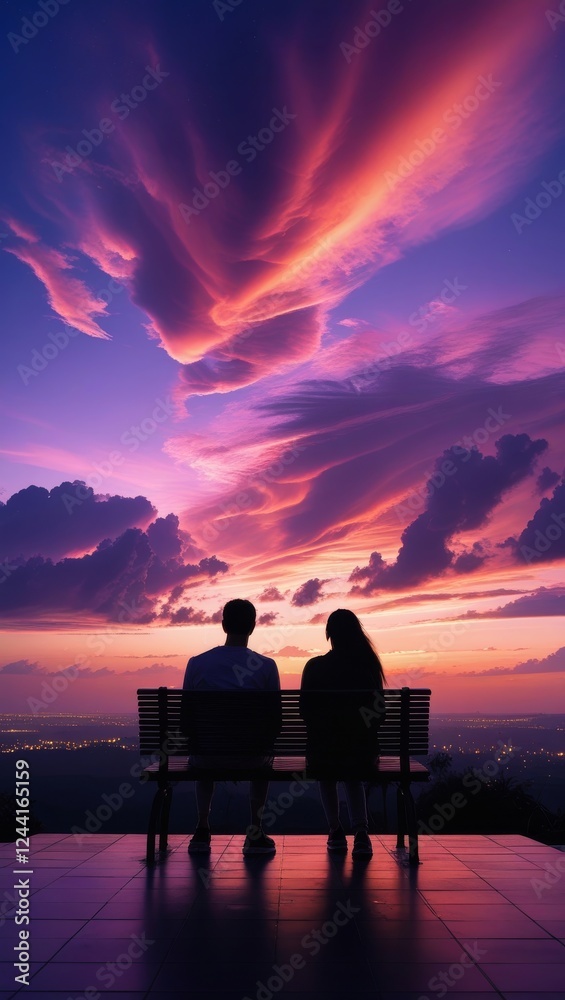 Obraz premium Two silhouettes sit on a bench, facing the horizon. They enjoy the view with their backs to the camera. 