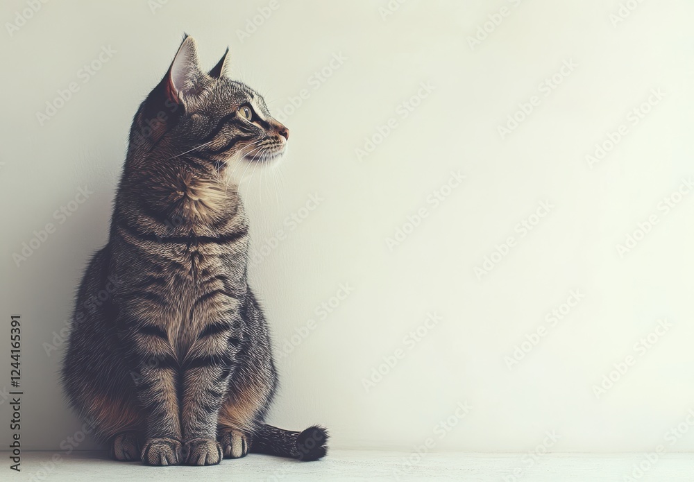 Naklejka premium Tabby Cat Sitting on a Minimalist Background, Profile View, Calm Expression, Soft Lighting, Feline Companion, Indoor Pet, Natural Curiosity, Serene Moment