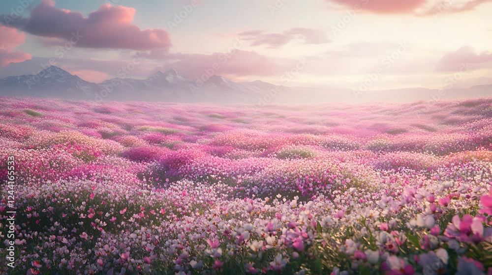 Fototapeta premium Vibrant Flower Field Under Soft Pink Sky at Sunset