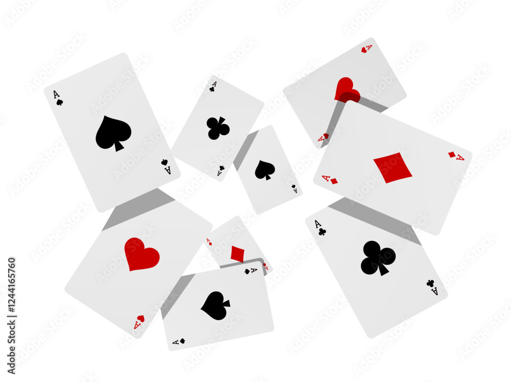 Flying playing cards for poker and gambling, three aces isolated on white, clipping path Flying playing cards for poker and gambling, three aces isolated on white, clipping path