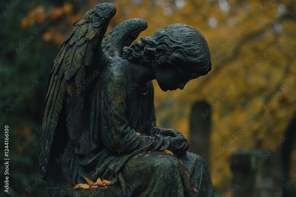 A melancholic angel statue sits quietly in a cemetery, with autumn leaves scattered around, inviting contemplation during the fall season A melancholic angel statue sits quietly in a cemetery, with autumn leaves scattered around, inviting contemplation during the fall season