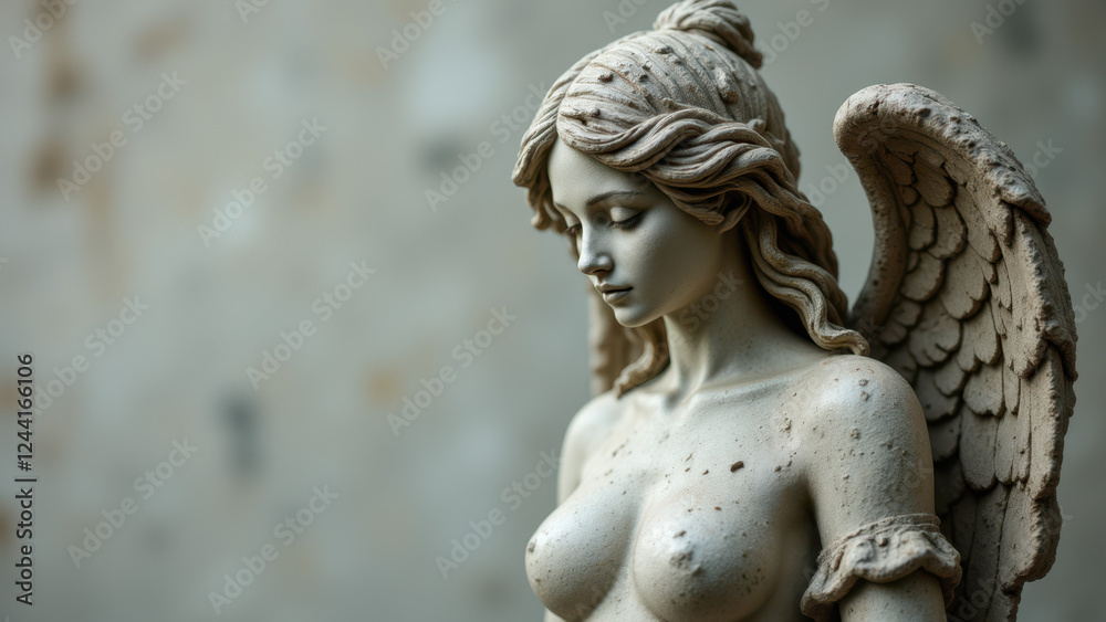An exquisite religious statue depicting an angel with a thoughtful expression. An exquisite religious statue depicting an angel with a thoughtful expression.