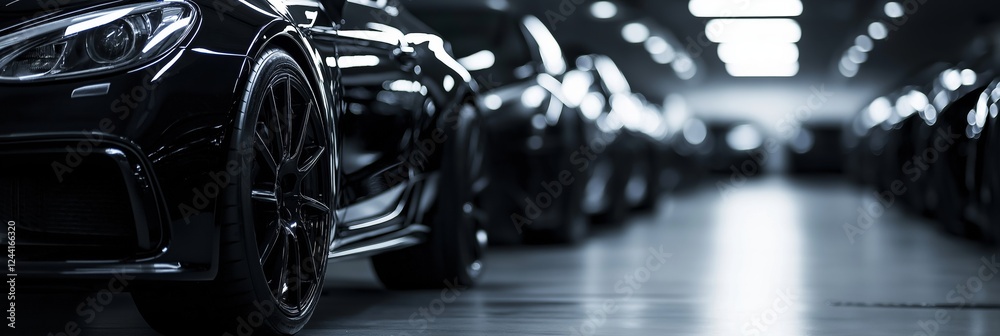 Fototapeta premium An array of black sports cars parked in an urban environment, radiating luxury and style.