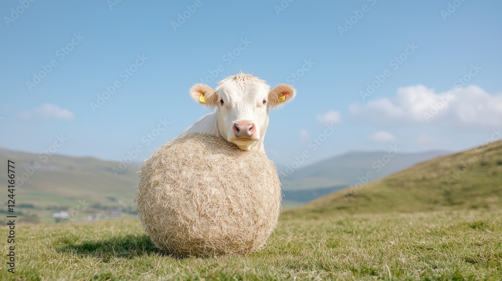 Fototapeta premium Cow sitting on hay bale, rural landscape, sunny day, farm animal imagery
