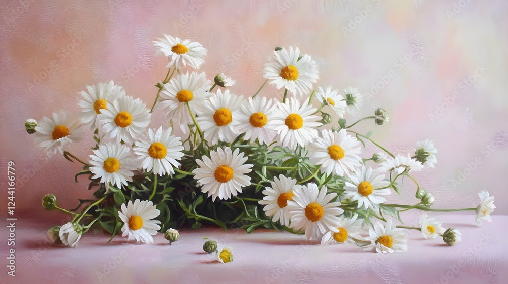 Obraz premium Beautiful White Daisies with Yellow Centers on Soft Pink Background
