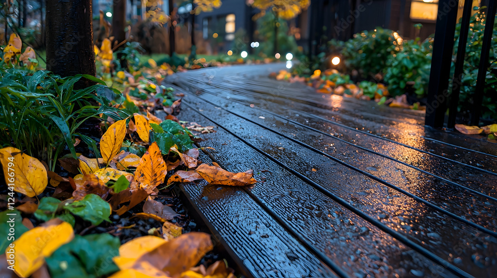 Obraz premium Autumn walkway, wet wood, garden lights, fall leaves