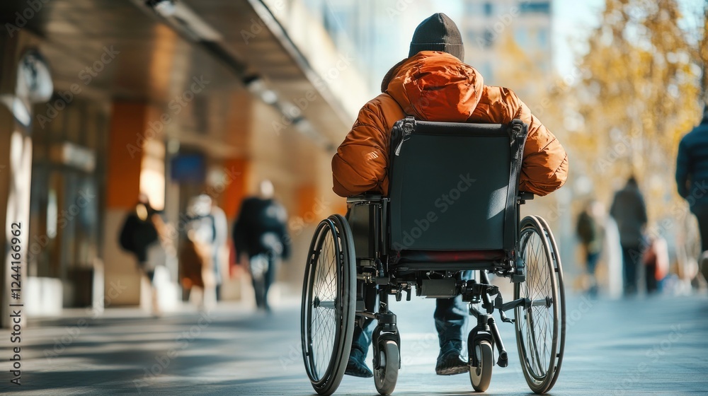 Obraz premium City street wheelchair user, autumn, blurred background, accessibility