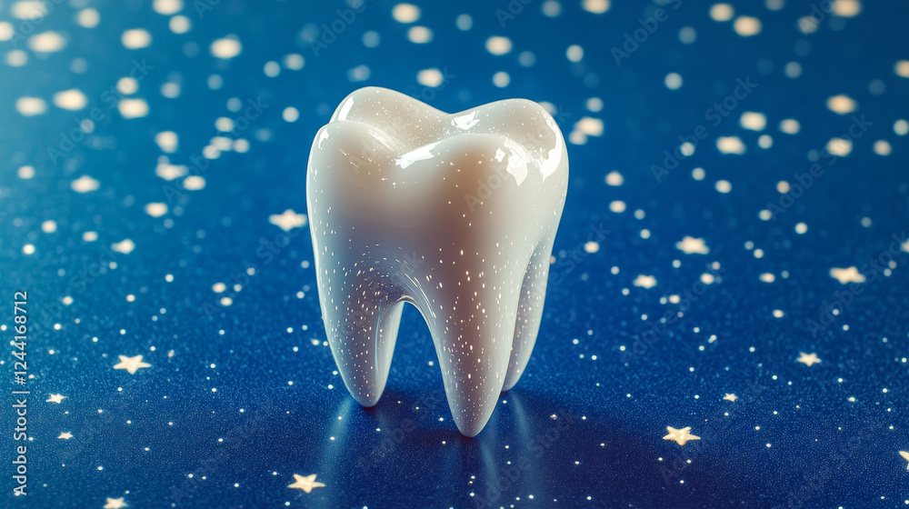 Fototapeta premium Tooth. Abstract low poly shine bright tooth illustration. Blue background and stars. Dental care, dentist clinic, stomatology medicine concept. Dentist white toothpaste, teeth freshness symbol.