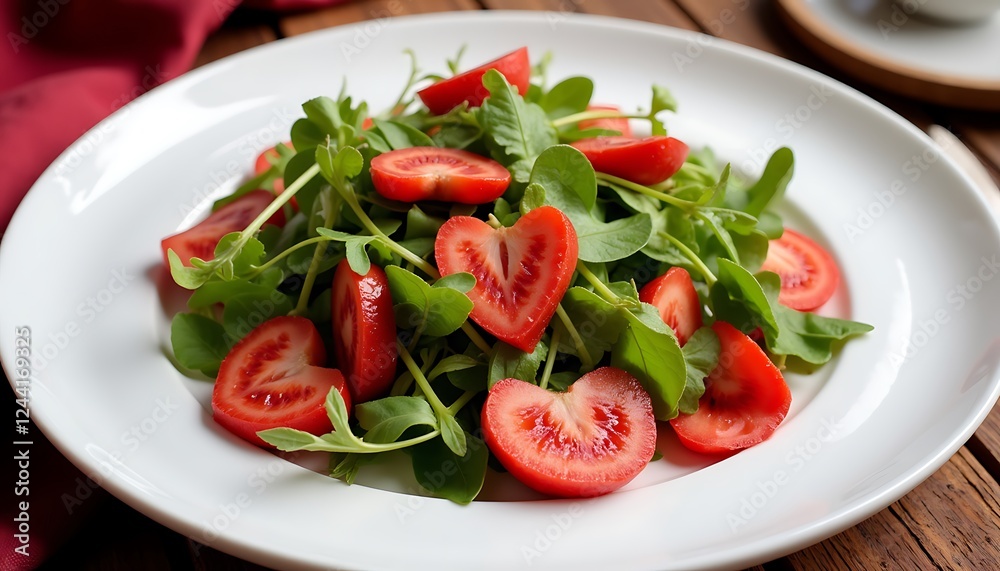 A vibrant salad especially for St Valentine's holiday with a red heart in the centre, featuring fresh ingredients and festive garnishes, elegantly presented on a minimalist white plate. Ideal setting A vibrant salad especially for St Valentine's holiday with a red heart in the centre, featuring fresh ingredients and festive garnishes, elegantly presented on a minimalist white plate. Ideal setting