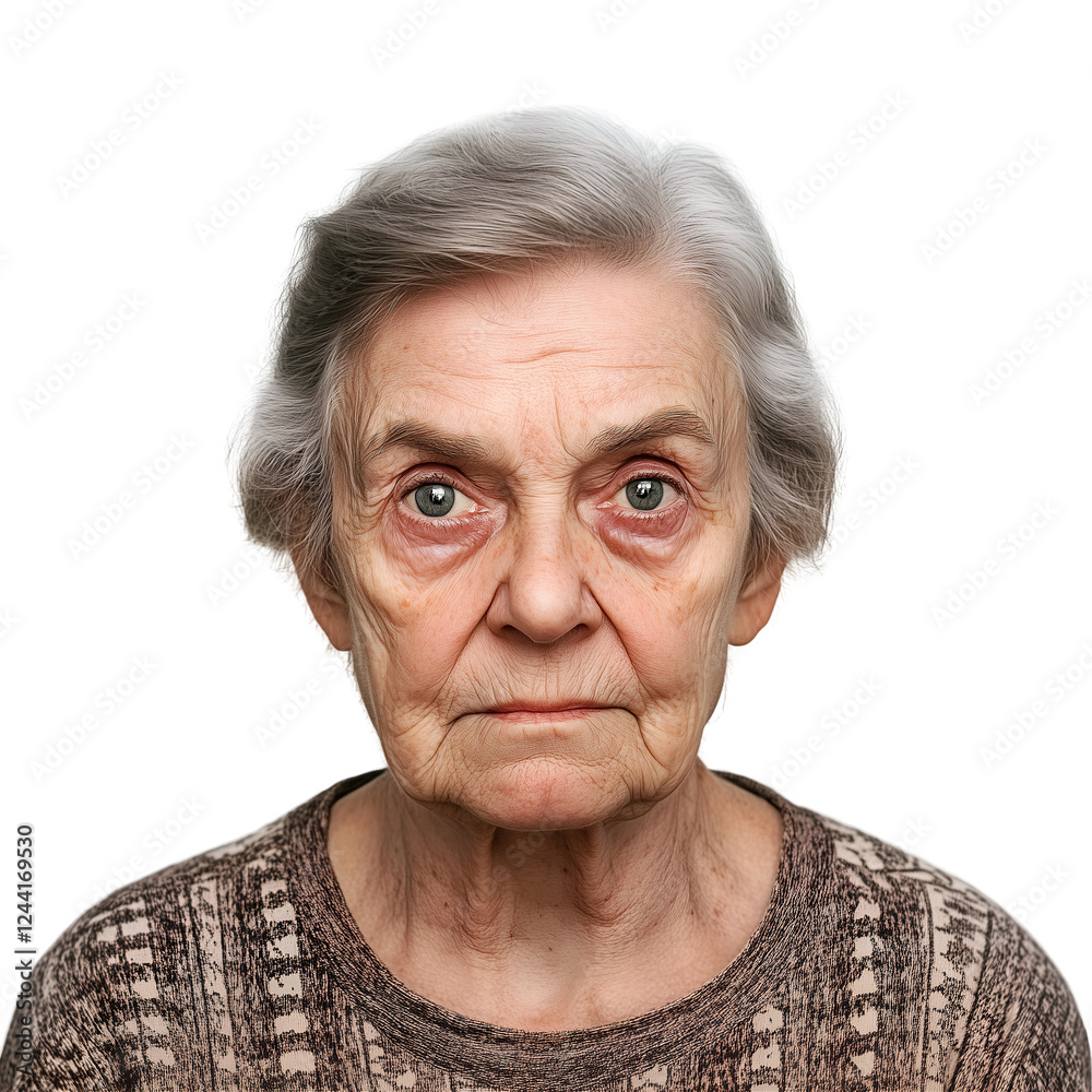 Close-up portrait of an elderly woman with gray hair, showcasing her weathered features and piercing gaze, conveying strength, wisdom, cutout, isolated on white background