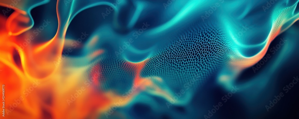 Fototapeta premium Abstract digital flame flow; teal, orange hues; dark background; website design