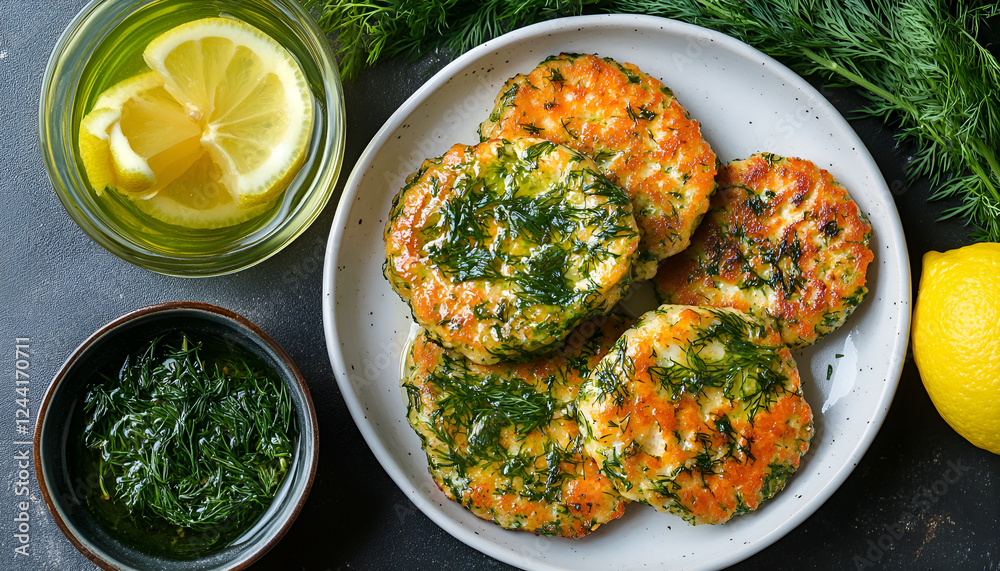 Homemade fish cakes with dill and lemon on white plate Homemade fish cakes with dill and lemon on white plate