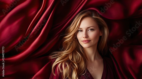 Dark burgundy and cherry satin fabric with flowing silky waves. A high-end, luxury background for beauty and fashion themes.