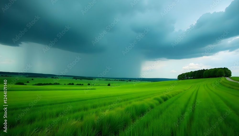 Fototapeta premium Exuberantes campos verdes bajo un cielo espectacular con nubes oscuras y lluvia cayendo a lo lejos. Una carretera sinuosa atraviesa el paisaje, rodeada de una vibrante vegetación