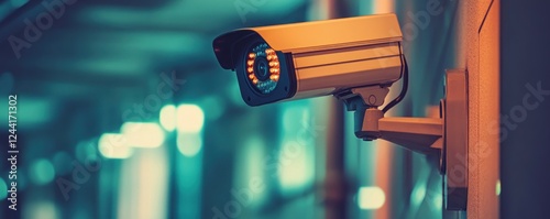 Security camera mounted on wall, night scene, city bokeh