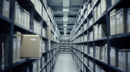 Archive aisle; boxes, storage, facility, rows, records, management, business, industrial, background photo