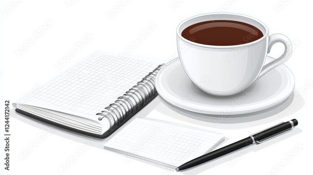 Coffee cup on saucer beside a notepad and pen, with a clean workspace in the background Coffee cup on saucer beside a notepad and pen, with a clean workspace in the background