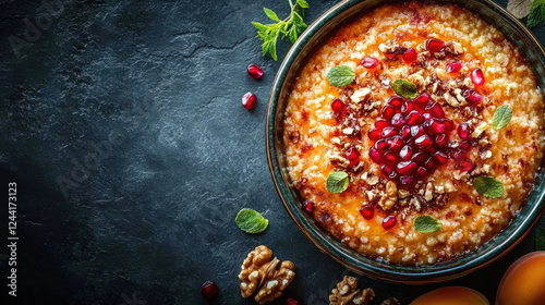 Traditional Turkish mixed dessert Ashura (Noah's Pudding) garnished with walnuts and pomegranate seeds, presented on a rustic plate with copy space photo