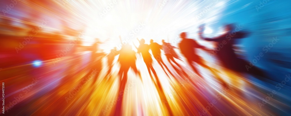 Obraz premium Crowd rushing city street, bright sunburst, motion blur, success concept