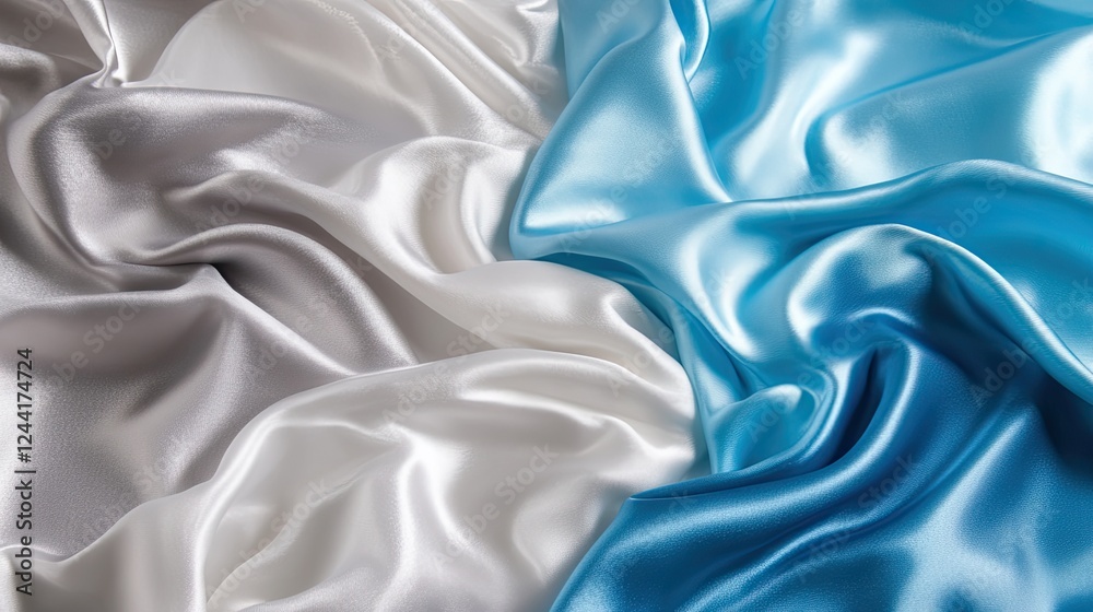 Obraz premium Freshly laundered silk satin fabric in silver, white, and light blue. Soft, clean, and flowing, ideal for product backgrounds.