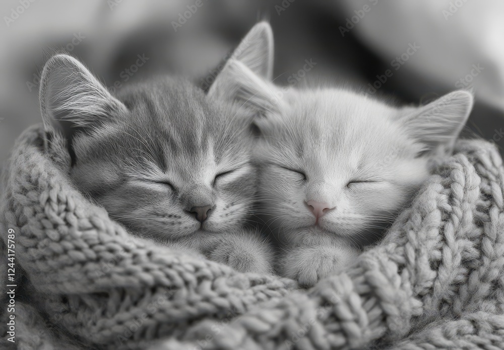 Naklejka premium Two Cute Kittens Wrapped in Cozy Knitted Blanket Sleeping Together in Adorable Peaceful Moment Capturing Feline Friendship and Comfort