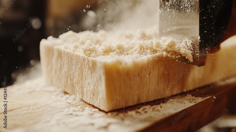 Naklejka premium Chef slicing dough block, kitchen, flour dust, baking