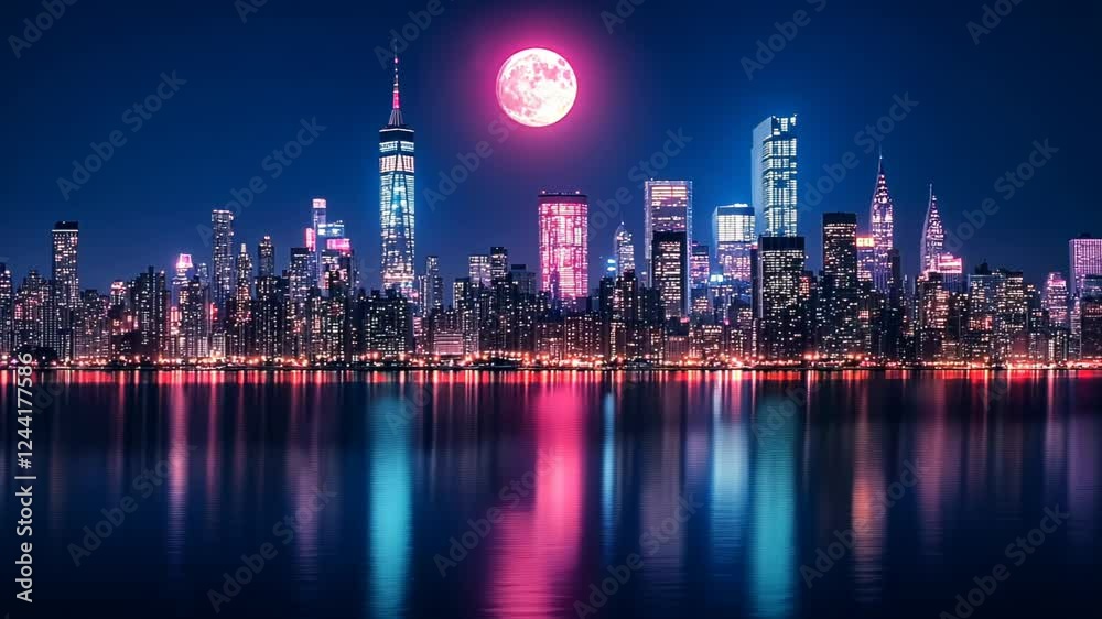 Stunning nighttime skyline of a vibrant city under a full moon Stunning nighttime skyline of a vibrant city under a full moon