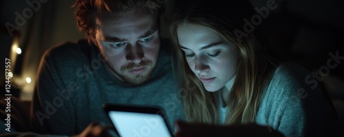 Couple uses tablet in dimly lit bedroom, fairy lights in background photo