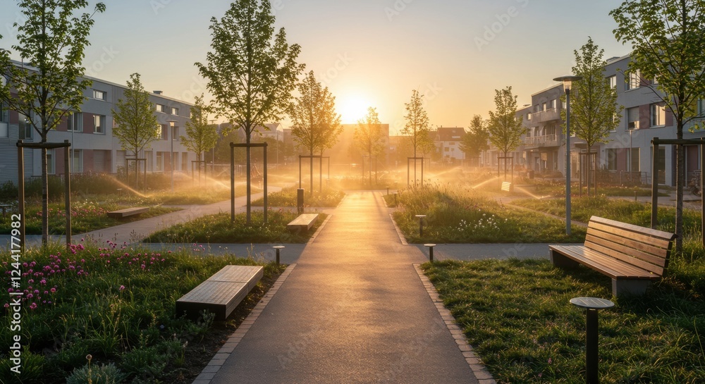 Obraz premium Serene sunrise in modern residential courtyard with trees and benches