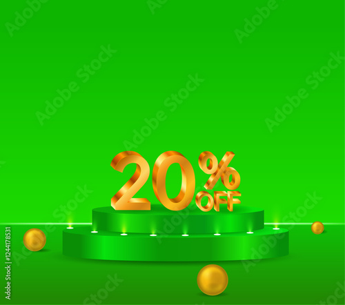 20% off shiny golden text vector in 3D style. podium with green background. golden spheres. marketing project photo