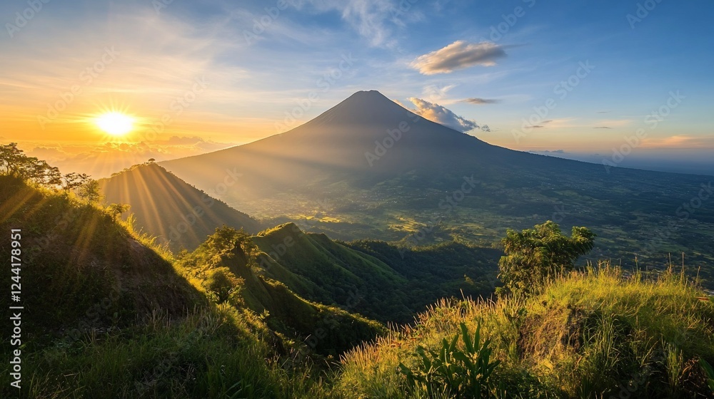 Fototapeta premium Sunrise Volcano Landscape, Hilltop View, Crepuscular Rays