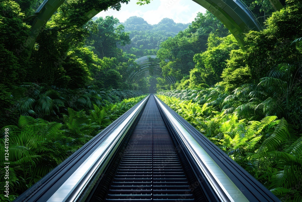 Fototapeta premium Train tracks cutting through lush jungle nature landscape serene environment perspective adventure awaits