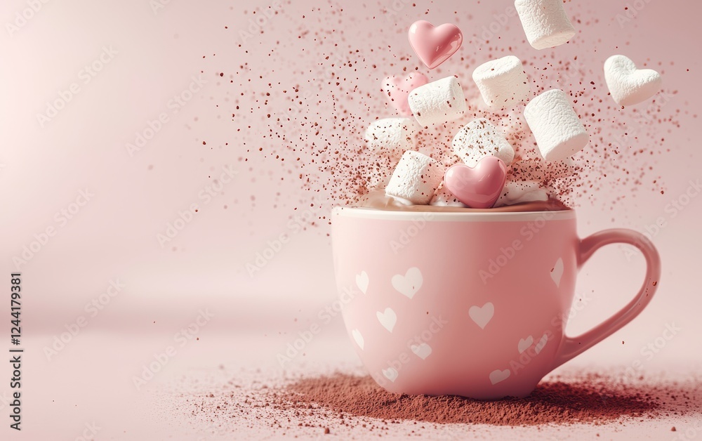 Floating cup of hot chocolate with heart-shaped marshmallows and cocoa powder bursts on a cozy pastel background for Saint Valentines Day and 8 March International Womens Day