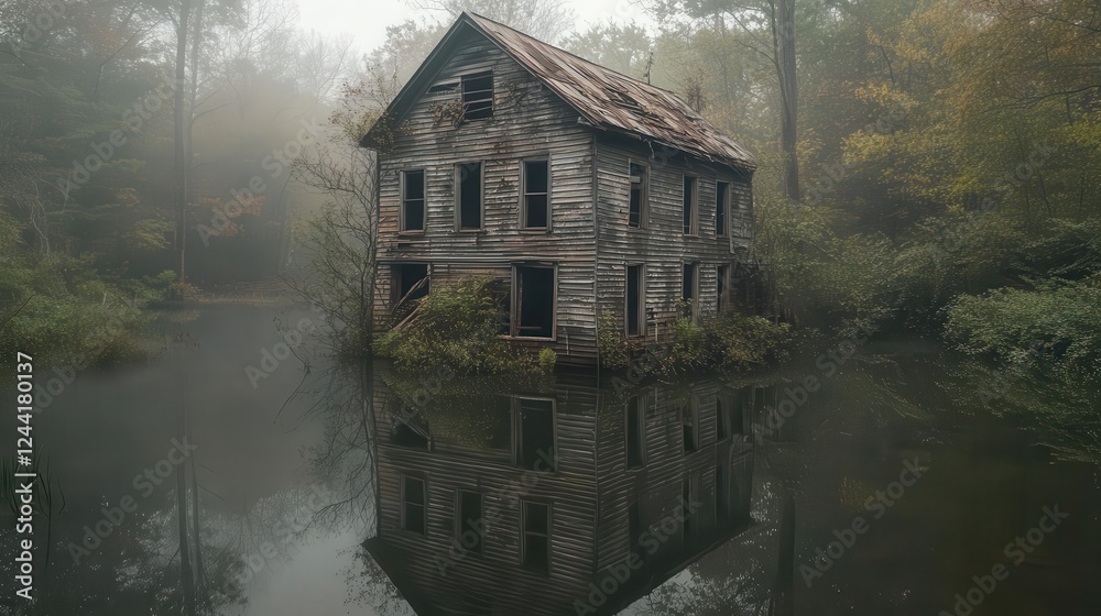 Fototapeta premium Abandoned House Submerged in Flood Waters with Eerie Reflections