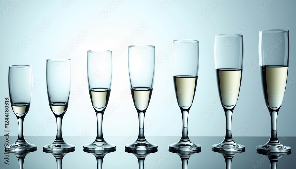 Elegant assortment of champagne flutes with reflections on a sleek surface Elegant assortment of champagne flutes with reflections on a sleek surface