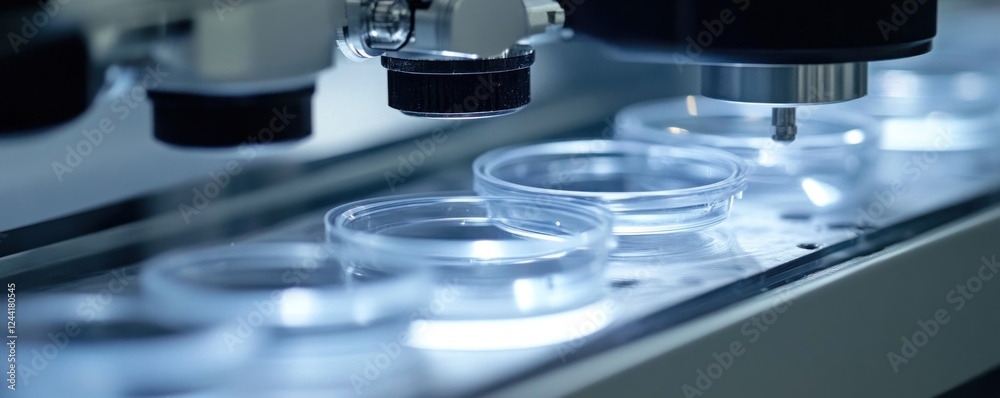 Automated lab machine processing petri dishes on conveyor belt