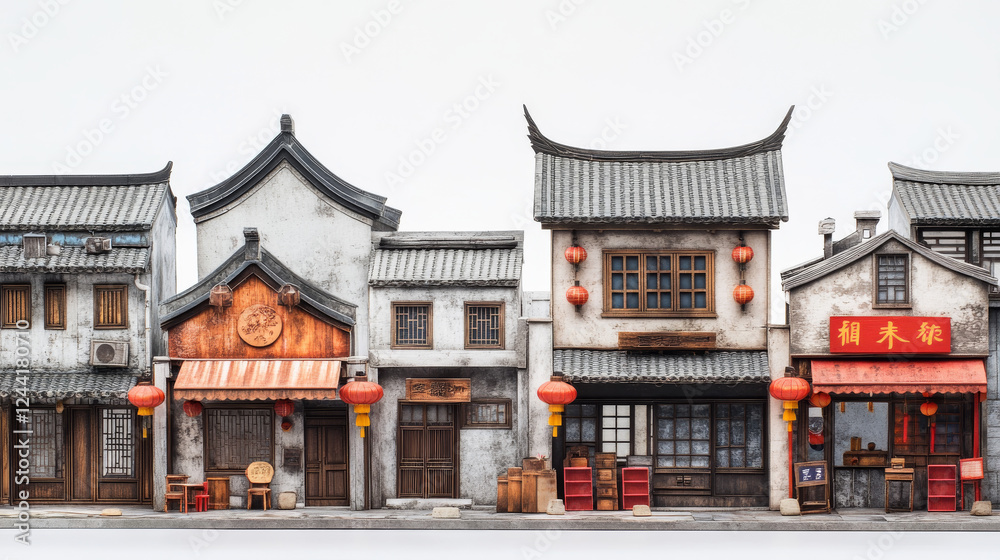 Fototapeta premium Cartoon set of Chinese houses or shops isolated on white background. Vector illustration of oriental architecture style buildings with traditional Asian roofs, decorated with red paper lanterns