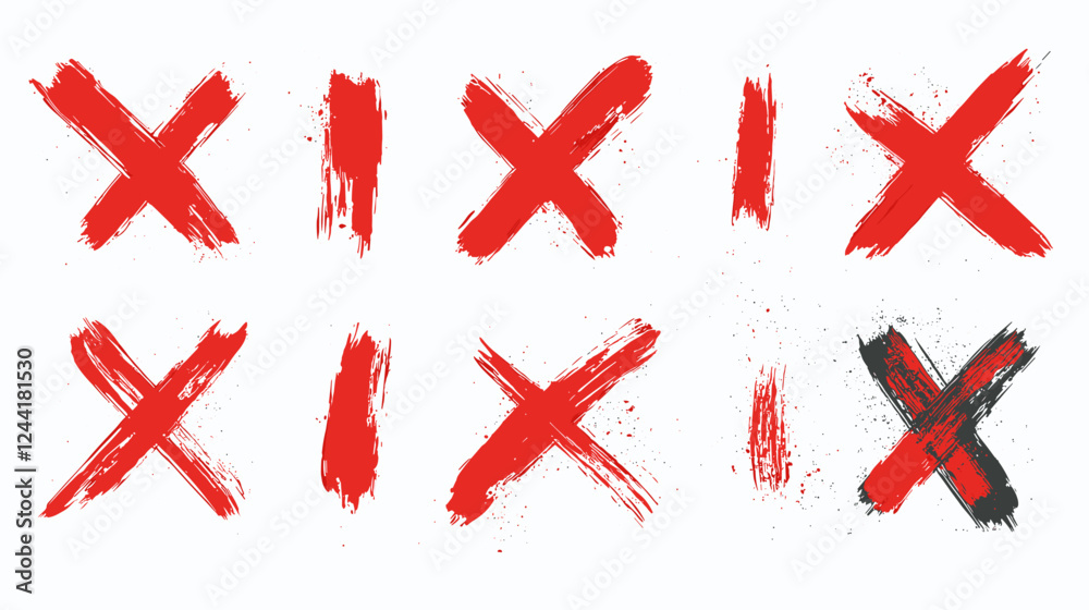 Red cross brush stroke x sign. Check mark icon vector crosses isolated on a white background. Ink illustration